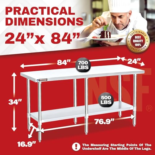 Image of DuraSteel 24x84 Stainless Steel Work Table - NSF Commercial Prep Metal Table - Outdoor Pizza Oven Stand w /Under Shelf - Kitchen Island Laundry Utility Garage Microwave Stand Large Rolling Storage Cart
