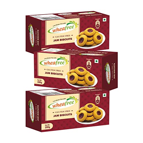 Image of Wheafee Gluten Free Jam Biscuits | Mixed Fruit Pulp Filled Cookies | Tasty & Crunchy Snacks | Perfect Tea-Time Treat | Pack of 3-200g Each Vegetarian Biscuit