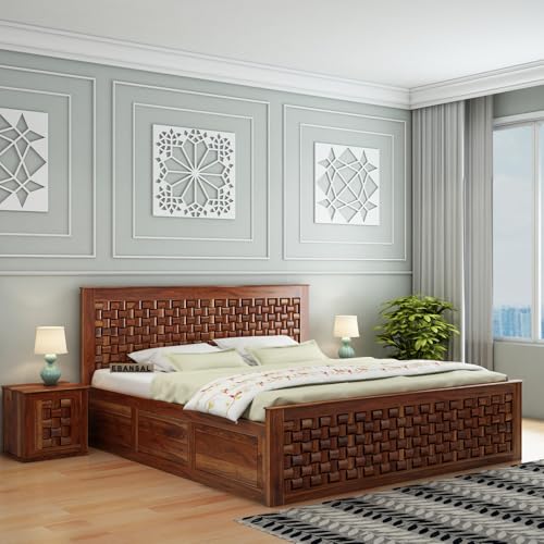 EBANSAL Solid Sheesham Wood Niwar King Size Bed with Box Storage Wooden Double Bed Furniture Palang for Bedroom Living Room Home (Honey Finish)