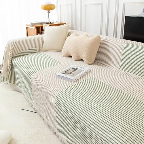 Chair Cover, Green Cotton Outdoor Couch Cover Thin Stripes with Tassel 4 Seater(200X360CM)