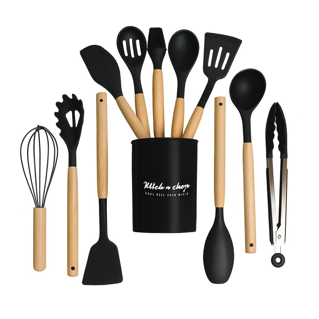 Premium Silicone Kitchen Spatula Set for Cooking | Heat Resistant Spatula for Non Stick Pan with Wooden Handle & Holder | Steel Core Silicone Spatula | Non-Stick Kitchen Utensils Set (12 Pcs)-image-0