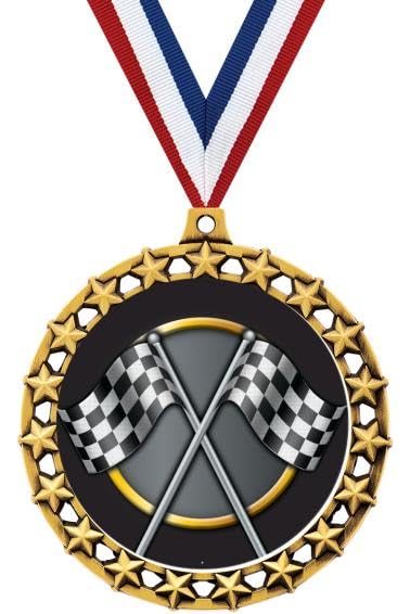 Racing Medal, 2 1/2" Galaxy Star Checkered Flags Race Medals, Great Car Racing Awards Prime