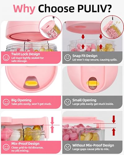 Image of PULIV Large Pill Bottle Organizer Anti-Mix Design, 6 Slots, 20 Labels | Supplement Organizer for Holding 6 Various Vitamins without Filling Hassle, Wide Opening Pill Box Case for Easy Retrieval