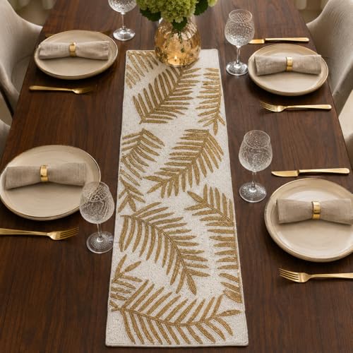 Image of Handmade Beaded Table Runner with Gold Leaf Design on White Beads, 13x36 Inches - Exquisite Dining Table Decoration, Elegant Home Decor for Thanksgiving & Special Celebrations