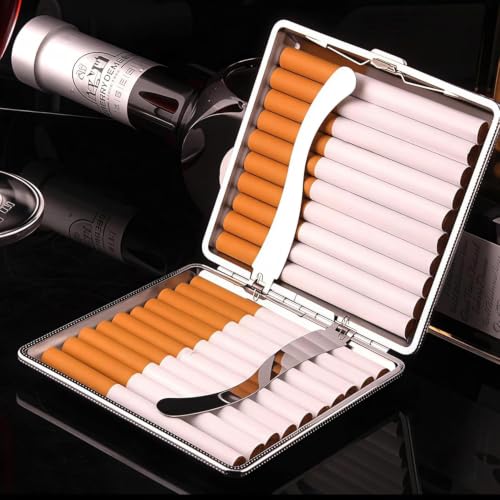 Image of Premium Metal Cigarette Case - Double Sided Spring Clip Open Cigarette Organizer Box for 20 Cigarettes (Silver)