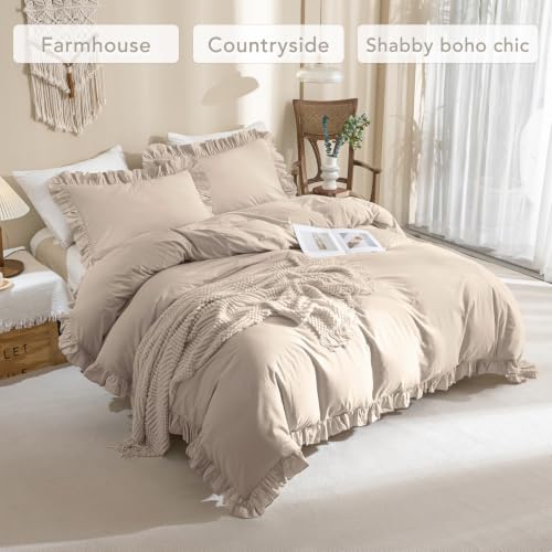 Image of QSH 3Pcs Washed Cotton Ruffle Duvet Cover King Size,Beige Khaki Linen Like Shabby Farmhouse Vintage Boho Chic Comforter Cover French Country Rustic Ruffled Bedding Set Soft Breathable Quilt Cover Set