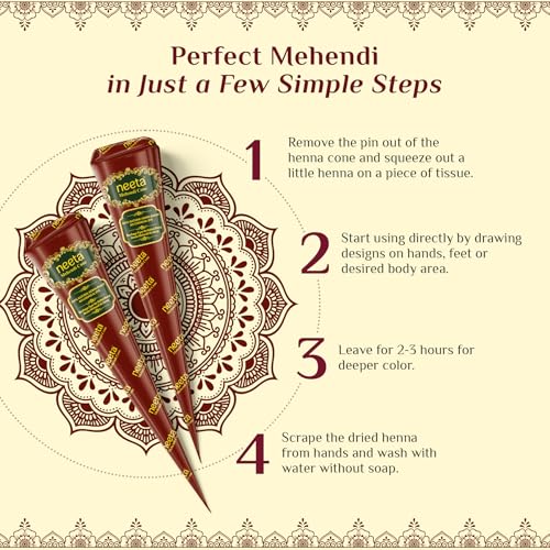 Image of Neeta Mehendi Cones for Hand 12 Pcs in 1 Box (Pack of 3) Bridal Mehndi Cones Natural Mehendi Cone for Wedding, Hand Designing, Reddish Brown Color Long Lasting Niddle Cones for Women