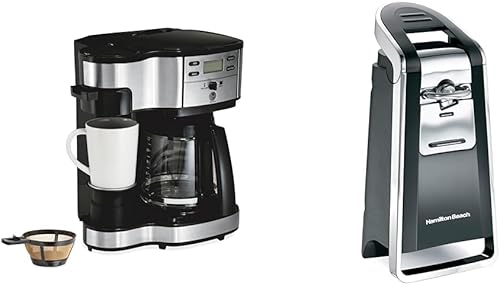 Hamilton Beach Cafetera de goteo programable de 2 vías de 12 tazas y máquina de una sola porción, jarra de vidrio y abrelatas automático eléctrico