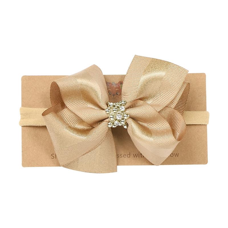 Baby Girls Ribbon Bow Elastic Nylon Headband with Crystal Crown Toddler Bow-knot Stretchy Hair Band Birthday Party Hair Bow Accessories for Newborn Infant (Beige 3, Elastic)