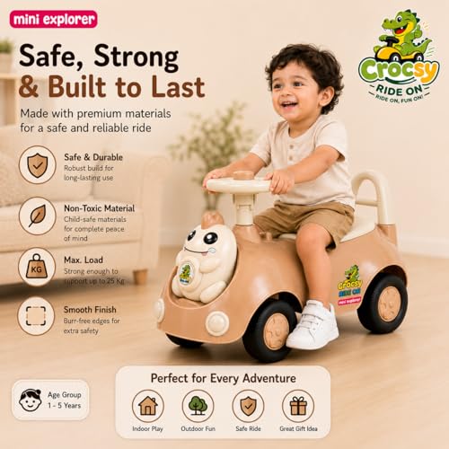 Image of MiniExplorer Crocsy Wiggle Car for Kids Age 1-5 Years, Twisting Swing Magic Car with Silent Wheels, Anti-Rollover Ride On Toy for Boys & Girls, Shockproof Yoyo Car - Brown