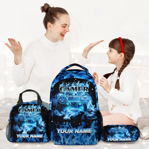 Custom Backpack with Lunch Box and Pencil Case Set, Set of 3 Matching Gamer Backpacks Combo, Blue Cute Gaming Boys Kids Bookbag and Pencil Case Bundle2
