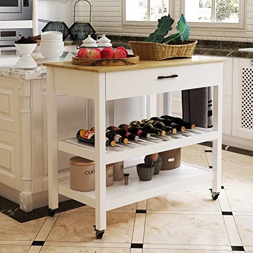 Extougend Solid Wood Kitchen Island On Wheels With Storage, White Rolling Kitchen Cart With Drawers And Cabinets, Kitchen Cart With Wood Table Top, Lockable Casters, Adjustable Shelves #TOP2