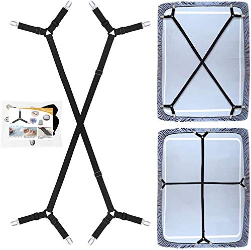 Felly Verstelbare lakenspanner, 8 stuks elastische lakenhouders, wit beddoekspanner, lakspanner met metalen clips, voor laken, matras, strijkplank of bank, zwart