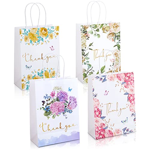 Kesote 24 Pcs Sac Cadeau à Fleurs, Thank You Sachet en Papier avec Poignées, Pochette Cadeau Kraft Petit Format pour Invites Mariage Anniversaire Baptême...