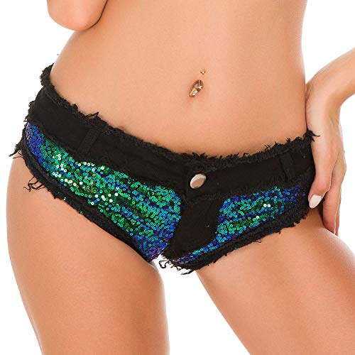 Yollmart Women's Sexy Sequin Booty Mini Denim Shorts Hot Pants Bottoms-Black-L