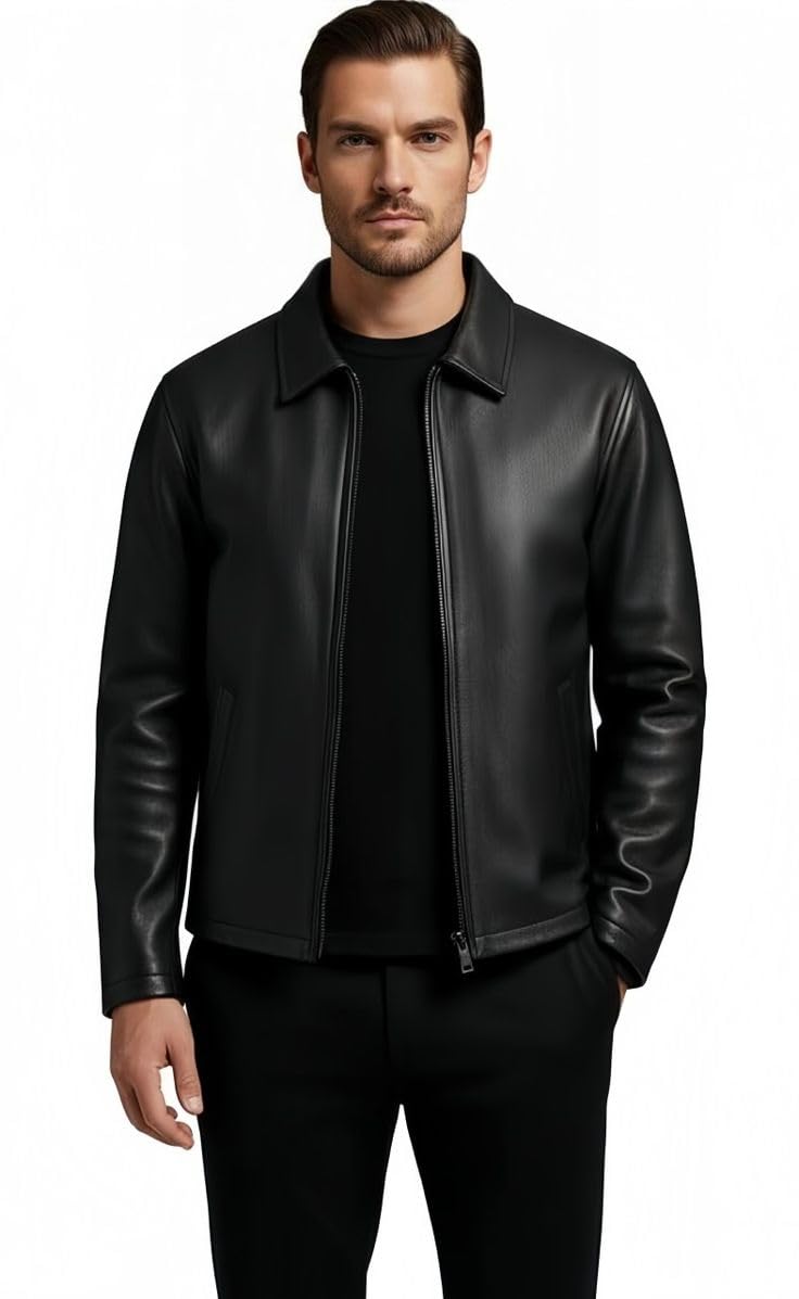 Adidas Men's Black Leather Jacket, Classic Collar, Full Zip Closure, Slim Fit Style in black