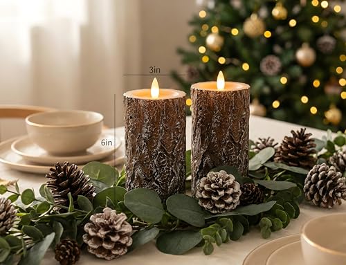 Image of Pine Flameless Pillar Candles Flickering with Remote Timer, Battery Operated LED 3D Moving Flame Real Wax Candles, Set of 2, D3 x H6,Remote Included (Pine)