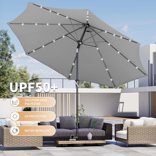 Kingdura 9FT Outdoor Patio Umbrella with Solar Lights, Market Table Umbrella with Push Button Tilt & Crank, 8 Sturdy Ribs, 32 LED Lights, UV Protection for Garden Lawn Deck Backyard Pool (Light grey) by Kingdura - Used condition - Image 4