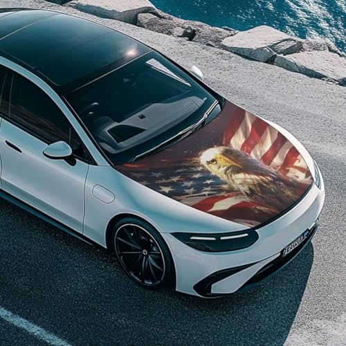 Image of Car Hood Cover, Eagle and American Flag Auto Hood Wrap Blankets Stretchable Automotive Exterior Accessories for Compact Sedans SUVs Trucks