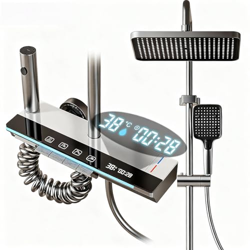Colonne de Douche avec Affichage Digital LED, Système de Douche 4 en 1, Pommeau Pluie XL + Douchette Main + Jet et Robinet Cascade, Éclairage Ambiant Bleu | Hauteur Réglable | Titane, Garantie (Blanc)