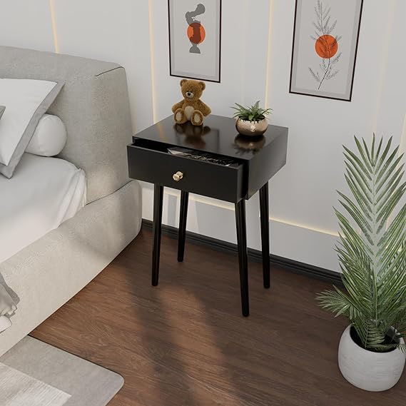 Image of End Table with Storage Rack Wooden Nightstand Bedside Table Storage Bookcase Nightstand Side End Table Living & Bed Rooms (Full Black)