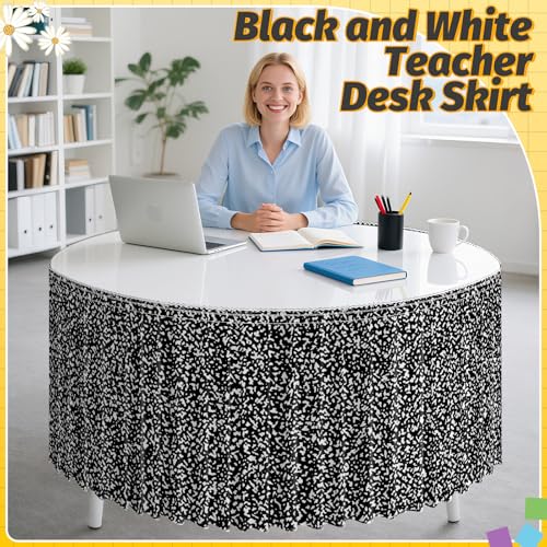 Image of 9FT Ruffle Black and White Table Skirt Teacher Desk Skirt for Composition Notebook Classroom Decor Rectangle Table Cloth Desk Cover for Back to School Party Supplies Dorm Office Bookcase Cabinet