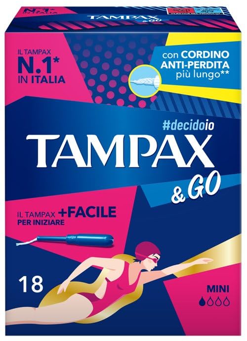 Tampax & Go Mini 18 podpasek wewnętrznych, z plastikowym aplikatorem, z antypoślizgowym uchwytem i podwójnym sznurkiem ochronnym, idealne do lekkich przepływów i pierwszych dni miesiączki