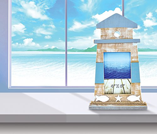Puzzled Cota Global Nautical Lighthouse Shape 4X6 Frame - Distressed Wood Lighthouse Photo Frame, Handmade Lighthouse Nautical Picture Frame For Tabletop Or Wall Hang - 12.25 Inches #TOP1