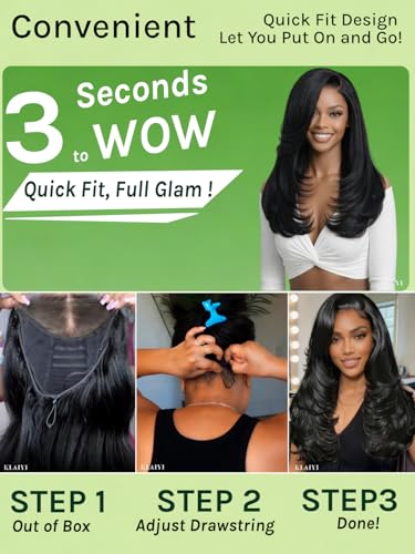 Image of KLAIYI Bye Bye Slip Side Part Yaki Straight Human Hair Glueless Precut 7x5 Lace Front Wigs Drawstring Blowout Feathered Layers Bangs Wig Pre Plucked Bleached Knots 30S Ready to Wear and Go Wig 14Inch