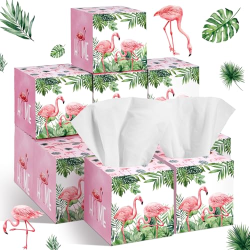 Image of Fourluoo 12 Pack Summer Flamingo Facial Tissues Cube Boxes, 600 Sheet 3 Ply | Tropical Pink Flamingo Palm, Fits Car Holder Bedroom Desk, Soft Square Face Tissues Bulk for Home Office Travel Supplies