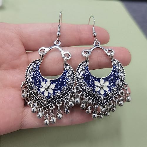 Boho Flower Ball Tassel Dangle Earrings for Women Girls Silver Plated Enamel Bohemian Chandelier Statement Heart Shape Hoop Beaded Bells Jhumka Drop Dangling Hook Stud Lightweight Vintage Indian Jewelry Gifts4