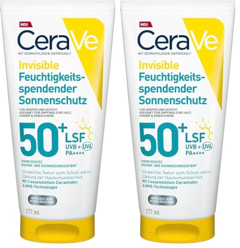 CeraVe Loción Protectora Invisible Hidratante SPF 50+, con 3 ceramidas esenciales, apta para cuerpo, rostro y todo tipo de pieles 177 ml (Paquete de 2)