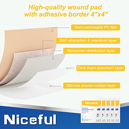 Niceful Silicone Foam Dressing 4"X4", Waterproof Silicone Bandages With Border Adhesive, High Absorbency Bed Sore Bandages Wound Care Dressing (2.5"X2.5" Pad), 5 Packs #TOP2