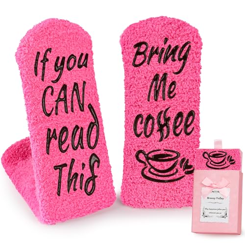 Breezy Valley Coffee Socks for Women - Coffee Lovers Gifts for Her - If You Can Read This Bring Me Coffee - Funny Pink Fuzzy Socks Christmas Socks for Women Stocking Stuffers Women Novelty Socks