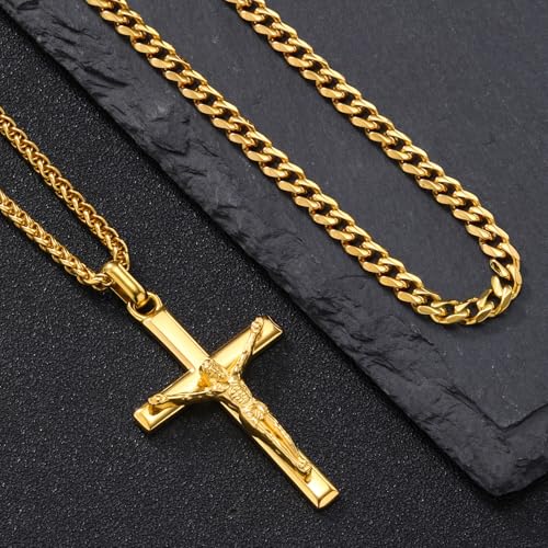 2 Pcs Crucifix Cross Necklace for Men, Layered Stainless Steel Pendant Rope Chain, Silver/Black/Gold Crucifix Necklace, Jesus Cross Necklaces Religious Gifts for Men4