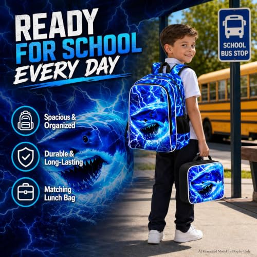 Image of 3Pcs Shark Backpack for Boys, Lightning Kids Bookbag with Lunch Box, 17 inch School Backpacks for Elementary Preschool Kindergarten (Blue)