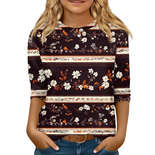 Teenage Girl Clothes Summer 3/4 Length Sleeve Crew Neck T Shirts Pullover Blouses Cute Three Quarter Length Tops