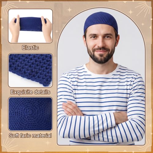 Image of Boyiee Kufi Hat for Men | Muslim Knit Kufi Cap Crochet Beanie Skull Beanie African Hat for Men Women Prayer, Breathable Mosque African Islamic Headwear
