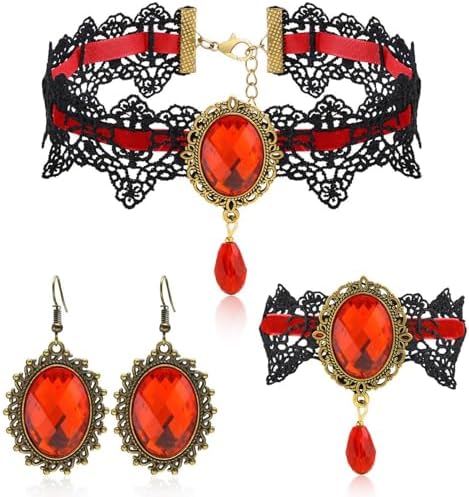 Gothic Choker Necklace Halloween Jewelry Set for Women, Red/Black Choker Goth Lace Witch Costume Jewelry, Witchy Vampire Masquerade Steampunk Victorian Lolita Renaissance Costume Accessories for Woman