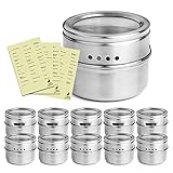 PREMIUM QUALITY Magnetic Spice Tins with Open and Sprinkle Option; STRONG MAGNET for Securing to Refrigerator; 12-Pack Stainless Steel Multipurpose Jar Organizers; 117 Free Condiment Labels