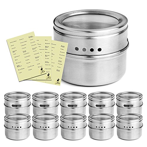 SUPERIOR QUALITY Magnetic Spice Tins; Recently IMPROVED MAGNET STRENGTH for Securing to Metallic Surface; 12-Pack Spice Jar Organizers; Spice Container Set; Free Condiment Labels