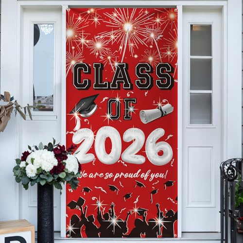 Image of Graduation Banner, Graduation Decoration, 2026 Red and Black Congrat Grad Door Banner, Class of 2026 Grad Sign Backdrop for Indoor Outdoor Yard for University High School Commencement Party 90*185cm