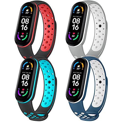 4-Pack Bands for Xiaomi Mi Band 5 Strap & Xiaomi Mi Band 6 Straps & Amazfit Band 5, Soft Silicone Replacement Wristband for Xiaomi Mi Band 5 /Mi Band 6 (Black/Red+Gray/White+Black/Blue+Blue/White)