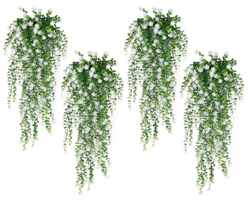 SJL 4pcs Fake Hanging Plants Realistic Artificial Outdoor Flowers Hanging Greenery Artificial Ivy Vine Leaves Faux Green Plastic Plants Greenery Flowers Green Leaf Decor for Wall Home (White)