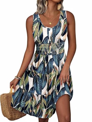 Image of Summer Dresses for Women Casual Sleeveless Sundresses Elastic Waist Mini Sun Dress