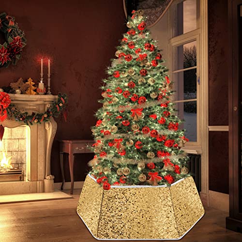 Imucci Christmas Tree Collar, 33 Inch Flip Reversible Sequins Christmas Tree Ring 6 Panel Square Silver And Gold Xmas Tree Base Cover Tree Skirts Holiday Home Party Christmas Tree Decoration #TOP5