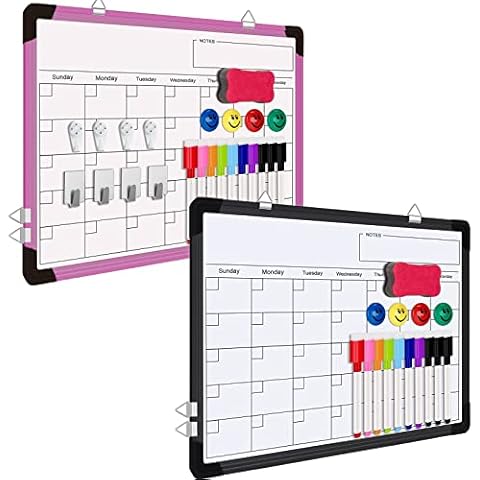 2 Pcs Dry Erase Whiteboard Calendar, Magnetic White Board Dry Erase Calendar, 16" X 12" Black Monthly Calendar Whiteboard for Wall, Small Pink Double Sided Board to Do List Cover
