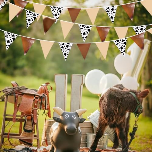Image of 32Ft Cow Party Decorations Western Cowboy Triangle Flag Fabric Banner Pennant Garland Streamer for Western Cowgirls Cowboys Rodeo Birthday Derby Day Festival Farm Cow Wild Party Decor Supplies
