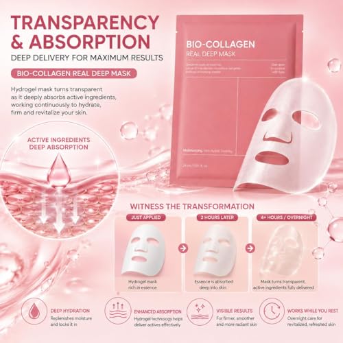 Image of (Pack of 1) Bio Collagen Sheet Mask Overnight Face Mask - Korean Hydrogel Collagen Face Mask Sheets with Hyaluronic Acid & Alpha Arbutin for Glowing Skin, Brightening, Hydration, Firming & Glass Skin Care & Elasticity Support