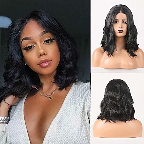 RDY Black Bob Lace Front Wigs for Women Middle Part Short Wave Wig Shoulder Length Short Bob Wig Synthetic Costume Wigs Daily Wear Wig Cosplay Wig 12Inches